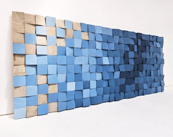 Art mural abstrait en bois dans des tons de bleu et de bois naturel, paysage bleu moderne pour une décoration de salon, prêt à expédier pour la maison