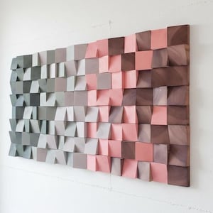 Gran mosaico de madera para pared — Panel difusor acústico, marrón, gris, rosa, verde