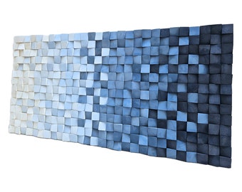 Escultura de pared de madera, arte de pared de madera degradado de azul marino a blanco: escultura de pared de madera para decoración de vida, panel geométrico para decoración náutica