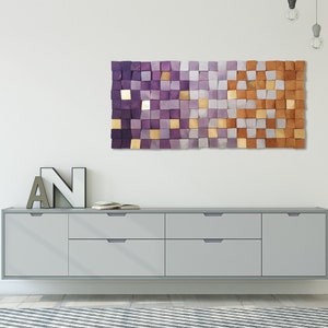 Magenta purple wood wall decor, modern wall art for living room decor, wood wall sculpture,  gray wood art wall hanging mosaic, 3d wall art