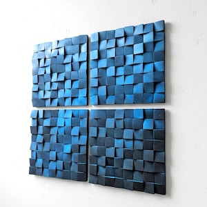 Blue Gradient Wood Wall Art – Modern 3D Abstract Sculpture Set of Four