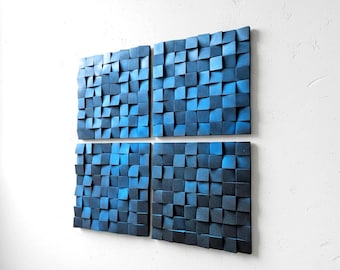 Blue Gradient Wood Wall Art – Modern 3D Abstract Sculpture Set of Four
