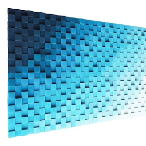 Large wood art wall hanging for rustic decor, large wood wall art in shades of blue; wood wall panel for sound diffuser, wooden sound panel