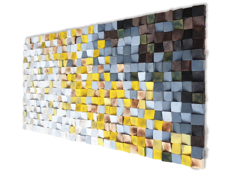 Large Modern Wood Wall Art Sculpture, Rustic Industrial Mosaic for