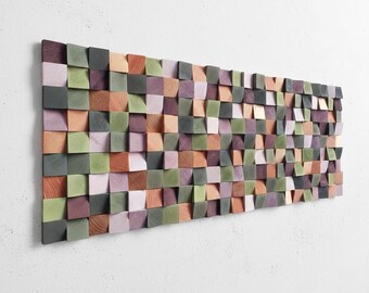 Rustic Wooden Mosaic Wall Art, Green and Gold Wood Sculpture