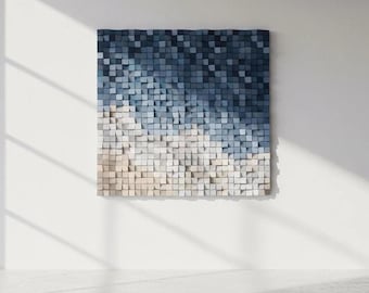Sculpture murale en bois bleu côtier — Mosaïque géométrique 3D en bois dur