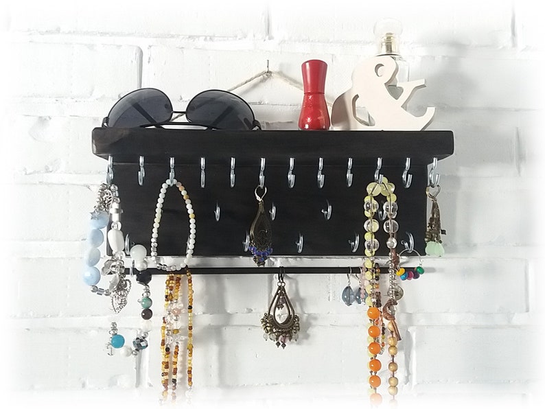 Rustic Wood Jewelry Organizer Hanging Storage Wall Holder Display Bathroom Boho Decor
