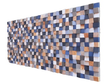 Art mural en bois gris et bleu, sculpture murale en bois originale, décoration d'art mural élégante, mosaïque en bois moderne pour climatiseur acoustique