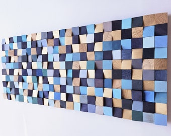 Blue wood wall art,  Sound diffuser art panel, Acoustic wall panel art, 3D geometric wood wall block decor, Reclaimed wood wall decor