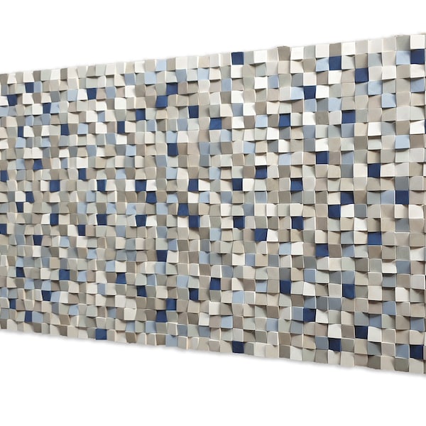 Art mural en bois dans des couleurs de pierre et bleu, décor d'art mural élégant, sculpture murale en bois originale, mosaïque en bois moderne pour conditionneur acoustique