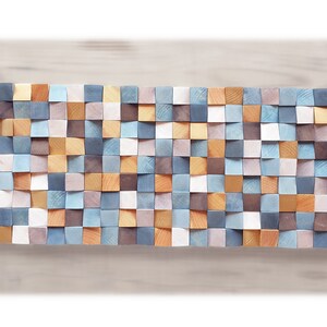 Blue and gold wood wall art for living room decor, rustic wood wall sculpture for modern decor image 9