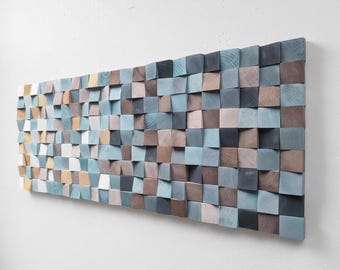 Wood Wall Art: Blue Geometric 3D Design - Scandinavian Style