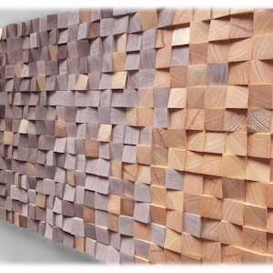 a wall made up of numerous wooden planks arranged in a textured, mosaic-like pattern. The planks vary in size and shape, creating a visually interesting and dynamic surface.