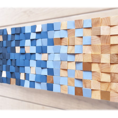 Wood Wall Art in Navy Blue and Natural Wood Wooden Wall Etsy