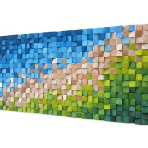 Arte de parede em madeira azul e verde, Arte de parede em madeira grande; Arte de parede em mosaico de madeira feita à mão em verde, azul e dourado; Painéis de parede de madeira impressionantes