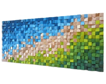 Extra große Holz Wandkunst; Handgemachte Holz Mosaik Wandkunst in Grün, Blau und Gold; Markante Holz Wandpaneele