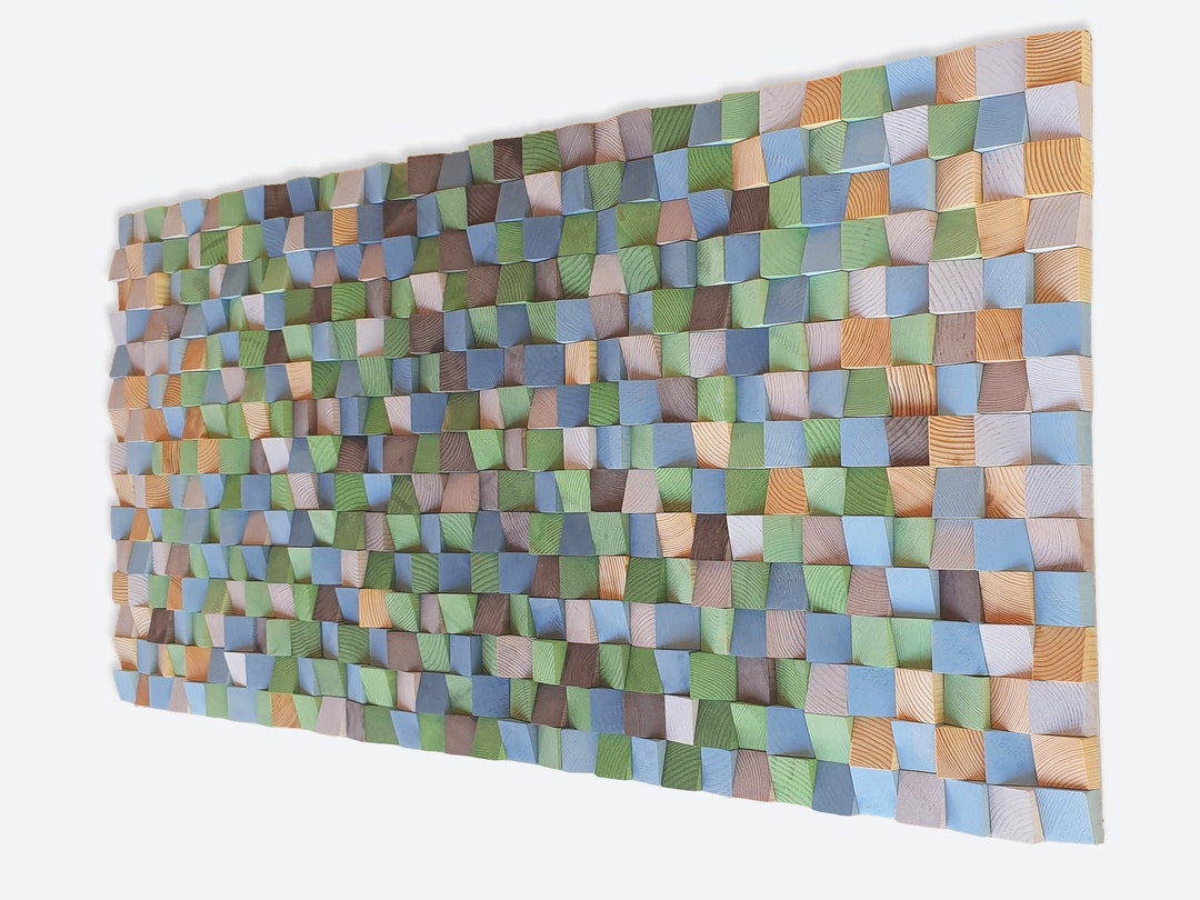 Blue and Green Wood Wall Art, Wooden Wall Decor in Natural Tones