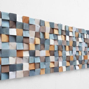 Blue and Silver Wood Wall Art — Rustic Modern Wooden Mosaic Wall Sculpture