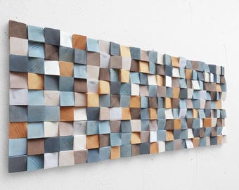 Blue and Silver Wood Wall Art — Rustic Modern Wooden Mosaic Wall Sculpture