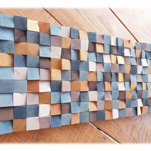 Blue and gold wood wall art for living room decor, rustic wood wall sculpture for modern decor image 7