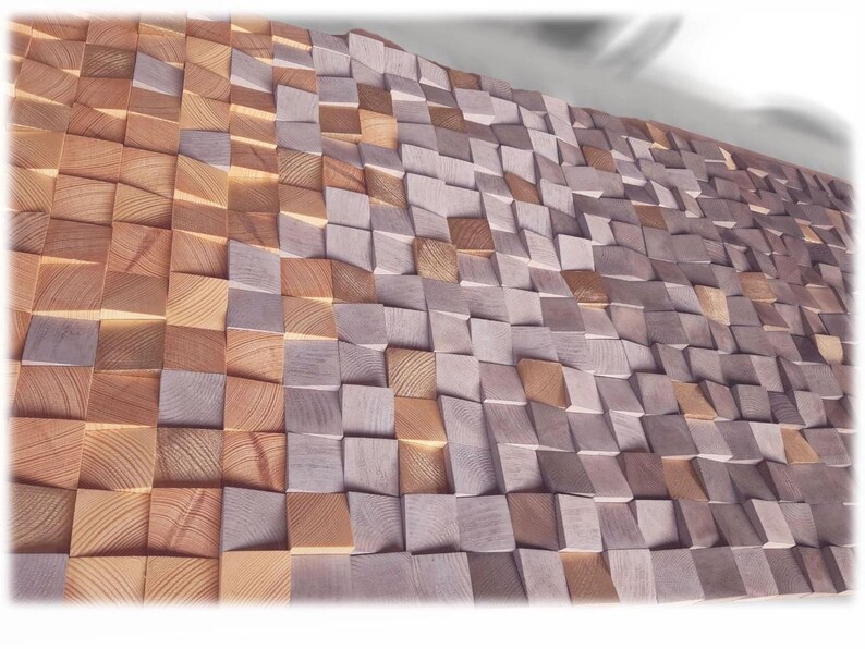 a close-up view of a textured surface composed of numerous small wooden blocks arranged in a repeating pattern. The blocks vary in size and shape, creating a visually interesting and intricate design.