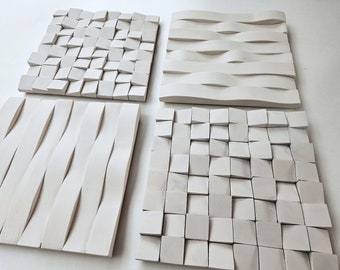 Instalación de arte de pared en blanquecino, Conjunto de 2 arte de pared para sala de estar minimalista, conjunto original de dos arte de pared de madera, arte de pared blanca en 3D