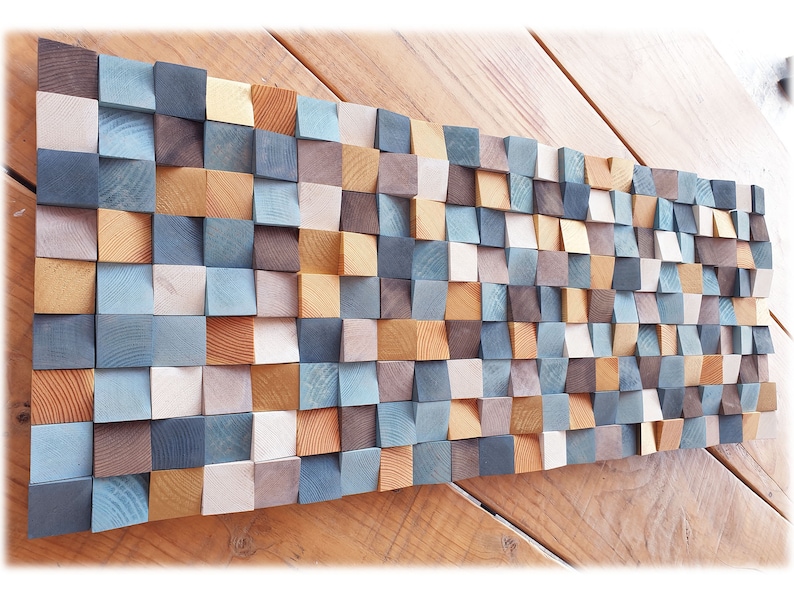 Large Wood Wall Art in Brown Blue and Gold Wood Art Wall Etsy