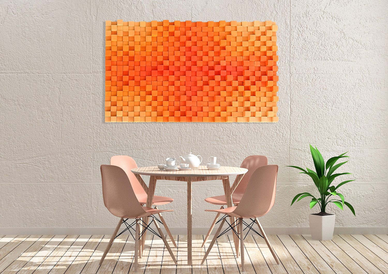 Grand Décor de Mur 3D Dans Les Tons Burnt Orange, Décoration Murale Moderne avec Des Cubes en Bois