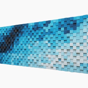 Large wood wall art in shades of blue; large wooden wall hanging for rustic decor; sound diffuser, wall decor, geometric wooden wall art