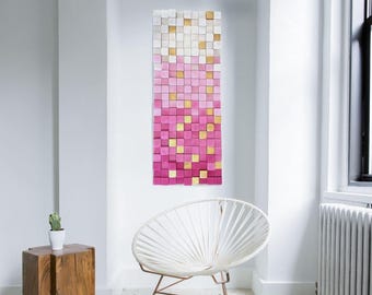Pink & Gold Wood Wall Sculpture – Modern 3D Acoustic-Style Mosaic