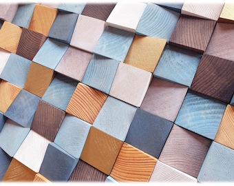 Large Wood Mosaic Wall Art, Blue Brown Gold Sound Panel