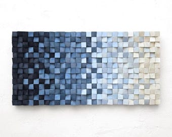 Navy Blue and White Geometric Wood Wall Art, 3D Wooden Cube Statement Wall Decor