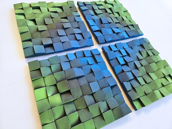 Neon Gradient Wood Wall Art — Blue Green 3D Modern Sculpture Set