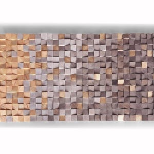 The image is a large, rectangular, and textured surface composed of numerous small, square-shaped wooden blocks in various shades of brown and gray. The blocks are arranged in a grid-like pattern, creating a visually striking and intricate design.