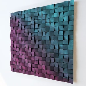 Purple Turquoise Wood Wall Sculpture – Modern 3D Mosaic Panel Art