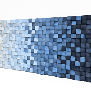 Blue Gradient Wood Wall Sculpture, Nautical Decor Wooden Panel Art