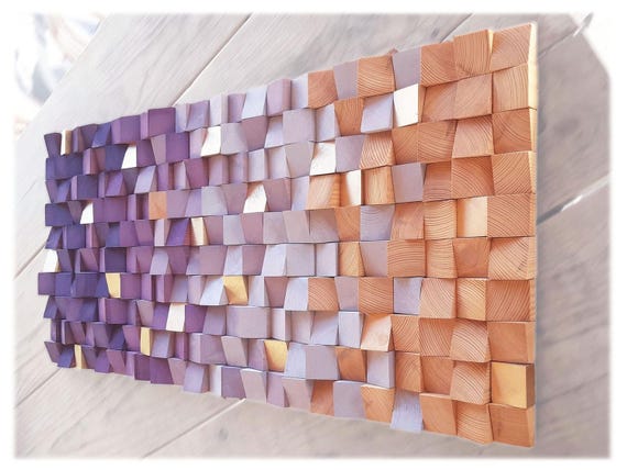 Purple Wood Wall Art – 3D Mosaic Gradient Sculpture with Gold Accents