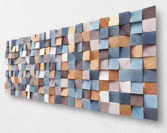 Blue and Gold Wood Wall Art: Rustic Geometric Sculpture Modern Living Rooms