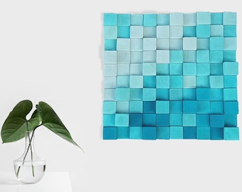 Blue Sea Wood Wall Sculpture - Modern Mosaic Wooden Decor