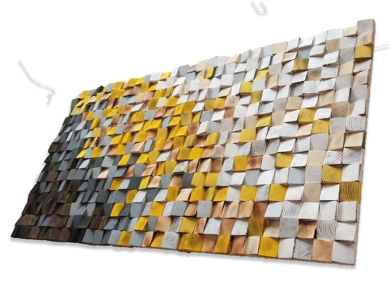 Large Modern Wood Wall Art Sculpture, Rustic Industrial Mosaic for