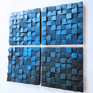 Blue Gradient Wood Wall Art: Modern Abstract Sculpture, Set of Four