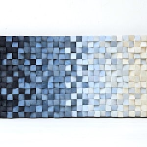 Wood wall art, Navy blue to white gradient wooden wall sculpture: Wooden cube art for living decor, geometric wood art for nautical decor