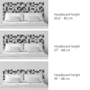 May include: Three different sizes of a headboard with a geometric pattern made of small squares. The headboard height is 32.6 inches - 82 cm, 27 inches - 68 cm, and 19 inches - 48 cm.