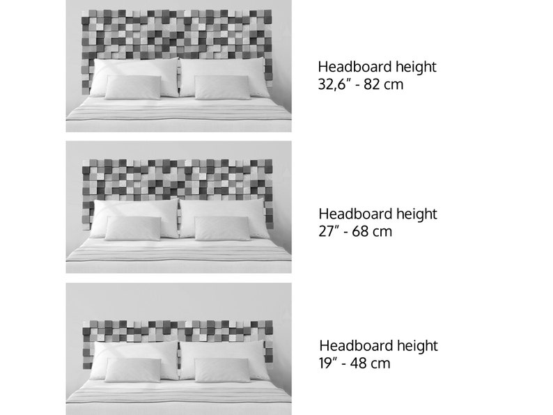 May include: Three different sizes of a headboard with a geometric pattern made of small squares. The headboard height is 32.6 inches - 82 cm, 27 inches - 68 cm, and 19 inches - 48 cm.