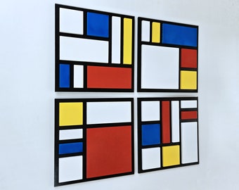 Art mural coloré pour une décoration moderne, art mural en bois de style mondrian pour une décoration abstraite, art moderne abstrait en panneaux muraux en bois 3D