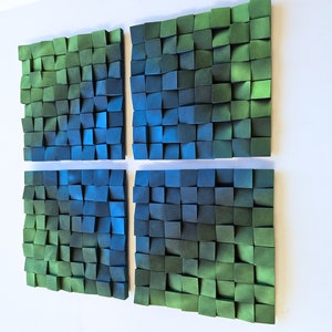 Neon Gradient Wood Wall Art – Blue Green 3D Modern Sculpture Set