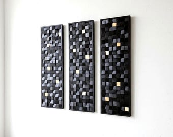 Schwarz und Gold Holz Wandkunst - Geometrische Mosaik Platten, 3er Set