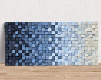 Arte de pared de madera, escultura de pared de madera degradada de azul marino a blanco: arte de cubo de madera para decoración de vida, arte geométrico de madera para decoración náutica