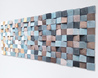 Blue and toasted wood wall art for scandinavian decor, modern art for home, original wooden mosaic