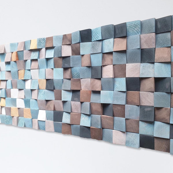 Blue and toasted wood wall art for scandinavian decor, modern art for home, original wooden mosaic
